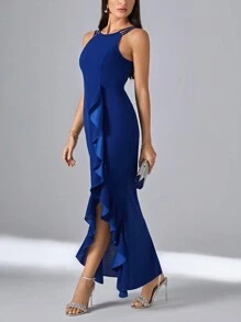 SHEIN Unity Vestido ribete con fruncido bajo asimétrico - azul real - Ver 5