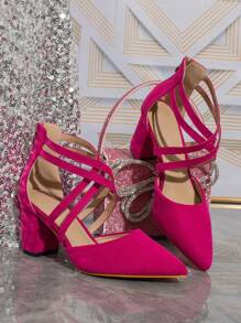 Pointed Toe Sexy Cross Strap Zipper Back Burgundy Red Fashion Versatile High Heels - Hot Pink - View 7