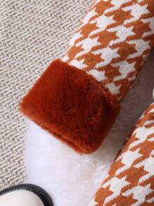 SHEIN Young Girl 1pc Houndstooth Print Borg Collar Belted Overcoat