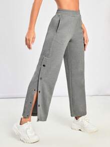 SHEIN Sports Split Hem Button Side Sports Pants - Grey - View 3