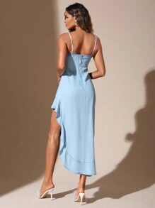 SHEIN BAE 夏季純色不對稱荷葉邊連身裙 - 藍色 - 查看 2