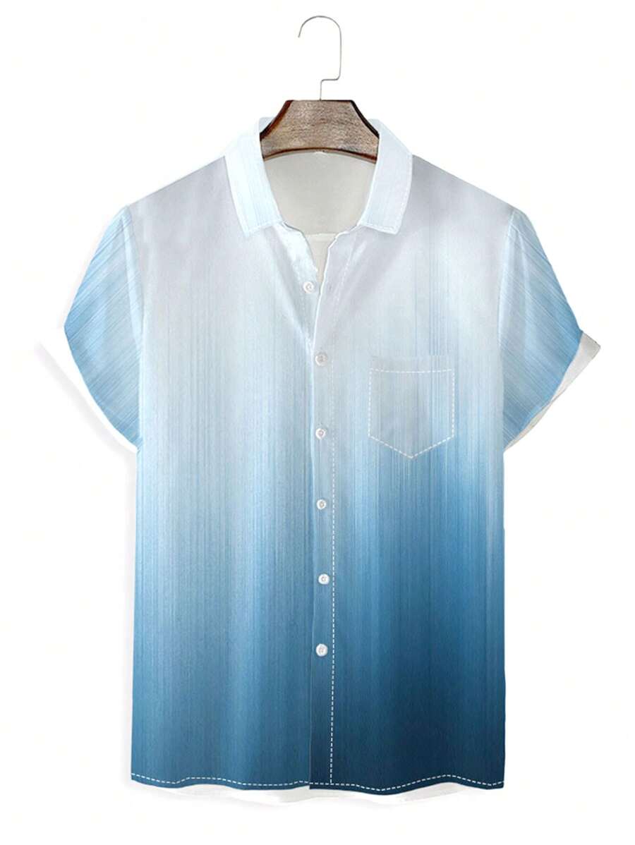 Manfinity Homme Loose Men's Plus Size Ombre Shirt With Pocket Patch - Blue - View 1