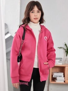 少女心形印花落肩拉链卫衣 - 玫紅色 - 查看 5