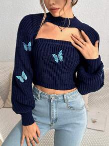 SHEIN Unity Hình Bướm Ống Knit ngọn & Siêu crop Nhún vai Áo len - Màu xanh hải quân - Xem 3