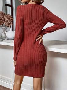 SHEIN LUNE 素色條紋針織緊身洋裝 - 酒紅色 - 查看 2