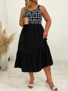 SHEIN LUNE Plus Geo Print Ruffle Hem Cami Dress - Black - View 3