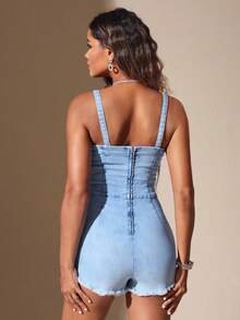 SHEIN BAE Raw Hem Denim Cami Romper - Màu xanh lam - Xem 2