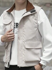 Manfinity Hypemode Men 1pc Flap Pocket Vest Coat - Khaki - View 5