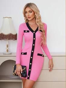 SHEIN Privé Viền tương phản Nút phía trước Váy len bó sát - Màu Hồng Tươi - Xem 1