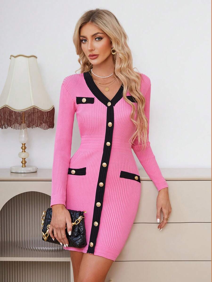 SHEIN Privé Viền tương phản Nút phía trước Váy len bó sát - Màu Hồng Tươi - Xem 1