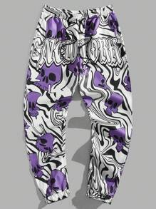 ROMWE MEN Goth Guys Skull & Letter Graphic Drawstring Waist Pants - Multicolor - View 1