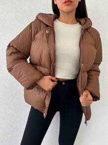 拉鏈開襟按扣連帽麵包服 - 棕色 - 查看 1