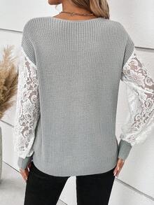 SHEIN LUNE Ren tương phản Tay áo lồng đèn Cổ v Áo len - Xám - Xem 2