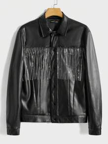 GENTILAND Men Fringe Trim PU Leather Jacket - Black - View 1