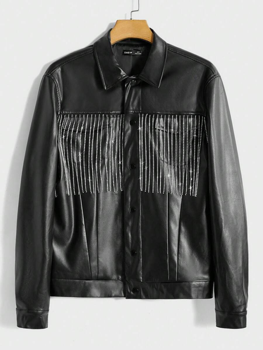 GENTILAND Men Fringe Trim PU Leather Jacket - Black - View 1