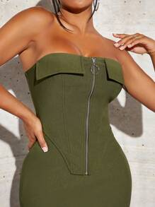 SHEIN SXY Zip Up Asymmetrical Hem Tube Top & Bodycon Skirt new years eve outfit
party outfit 
sexy outfit - Army Green - View 3