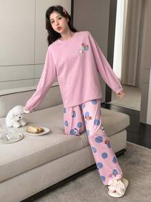 DAZY Set homewear con estampado de dibujos animados y letra de hombros caídos - Rosa - Ver 6