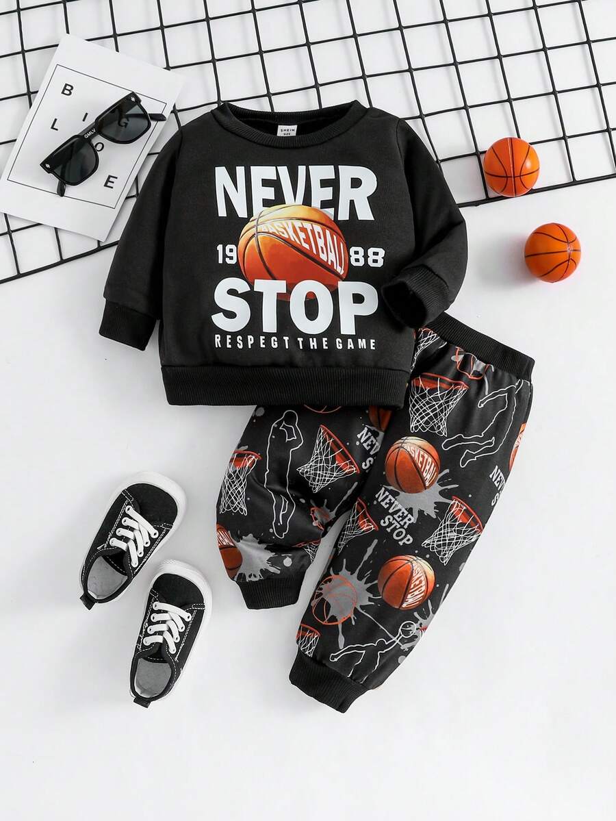 Baby Boy Slogan and Basketball Print Pullover & Sweatpants - Black - View 1