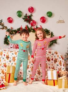 少女條紋麋鹿印花聖誕家居服,姐妹配對緊身睡衣套裝 - 彩色 - 查看 5