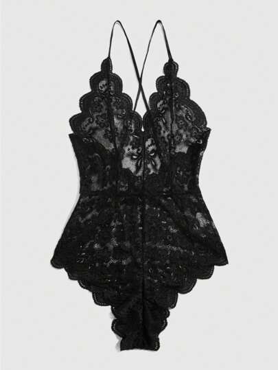 Kawaii Floral Lace Scallop Trim Criss Cross Teddy Bodysuit Lingerie, Baddie Look