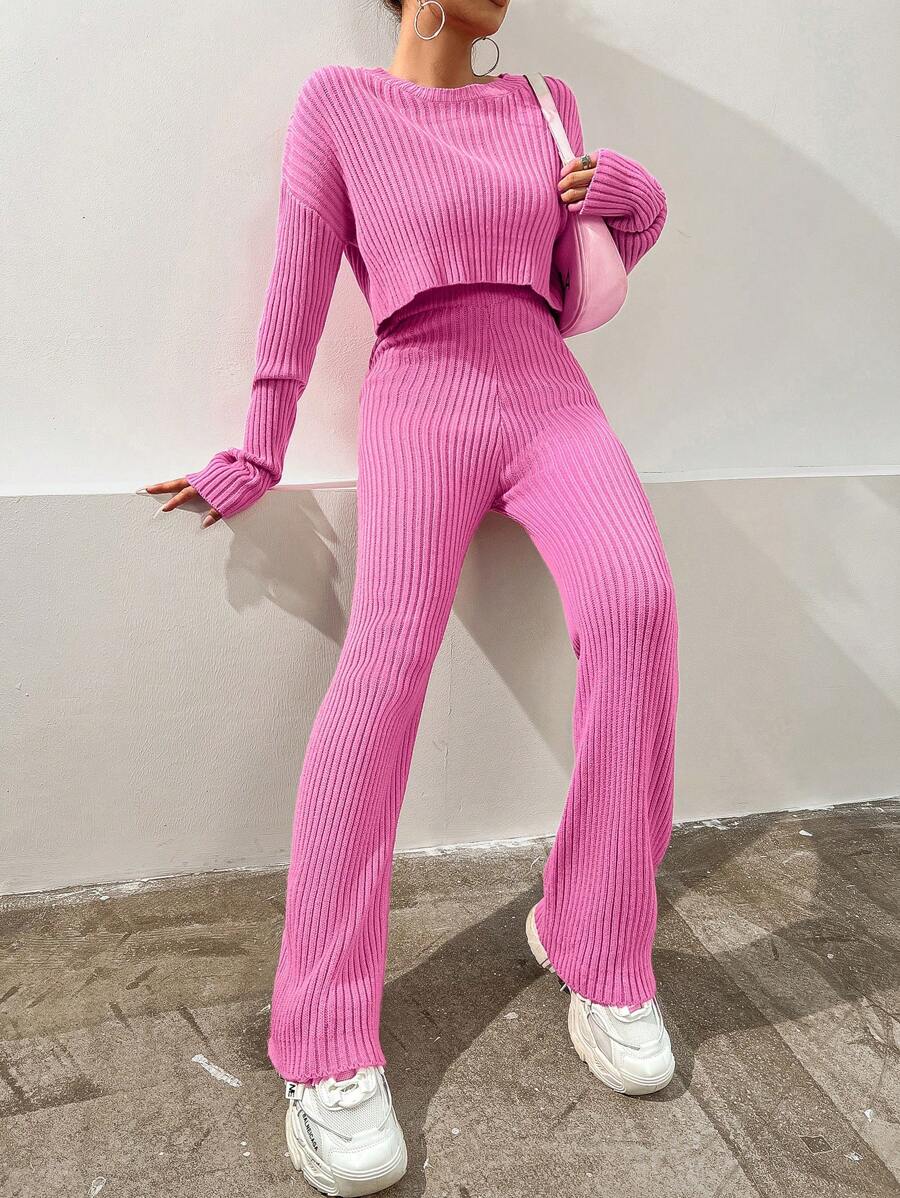 SHEIN Unity Jersey de hombros caídos con pantalones tejidos - Rosa Fucsia - Ver 1