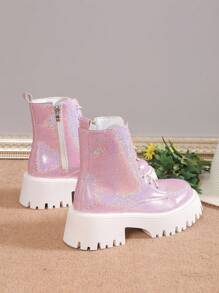 European Minimalist Chic Chunky Heeled Short Boots, Sparkling Pink Motorcycle Ankle Boots For Fall/Winter,Boots For Women - Pink - View 3