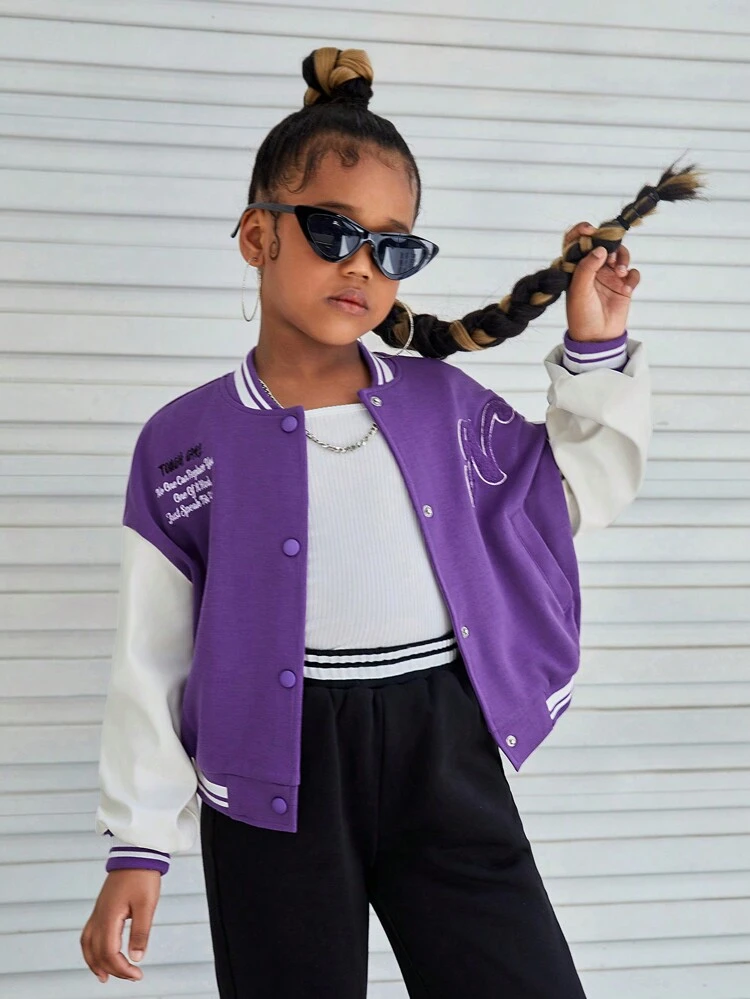 Tween Girl Slogan Graphic Two Tone Drop Shoulder Varsity Jacket