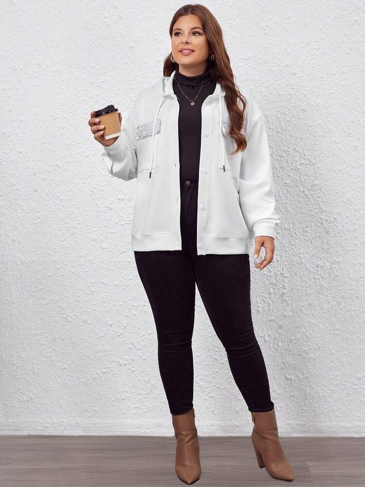 Plus Contrast Sequin Drop Shoulder Drawstring Hooded Jacket