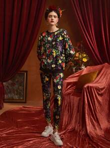 Frida Kahlo X SHEIN Floral Print Drop Shoulder Pullover & Leggings - Black - View 1