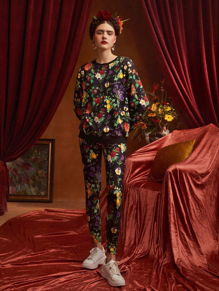 Frida Kahlo X SHEIN Floral Print Drop Shoulder Pullover & Leggings - Black - View 1