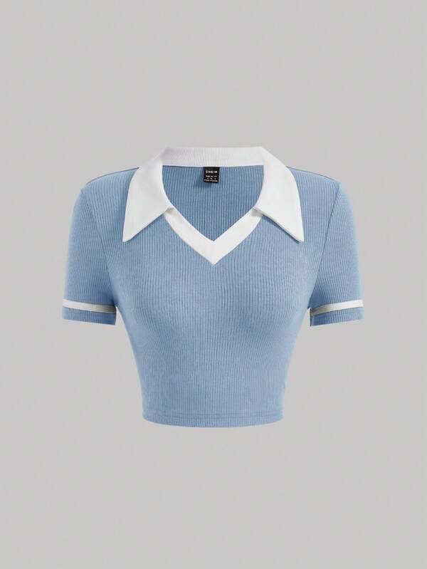 SHEIN MOD Camiseta crop de cuello en contraste unido en contraste