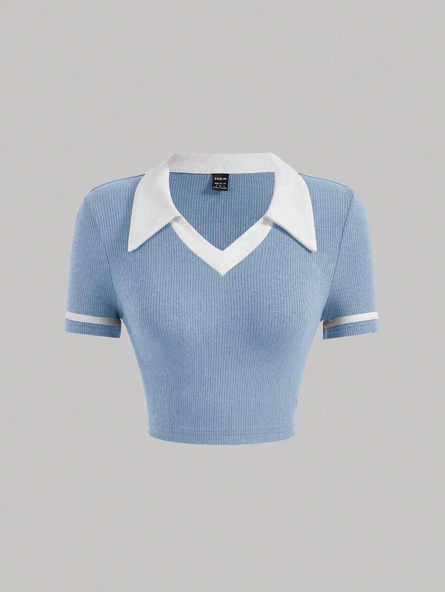 SHEIN MOD Contrast Collar Contrast Binding Crop Tee - Baby Blue - View 1
