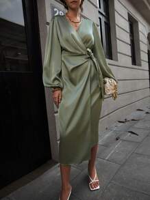SHEIN Clasi Vestido de manga farol con nudo lateral cruzado de satén - Verde - Ver 3