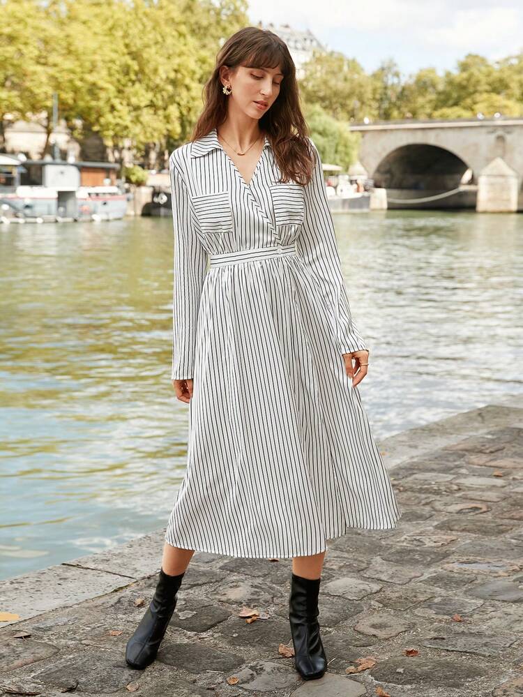 Striped Print Belted Shirt Dress Winter Casual