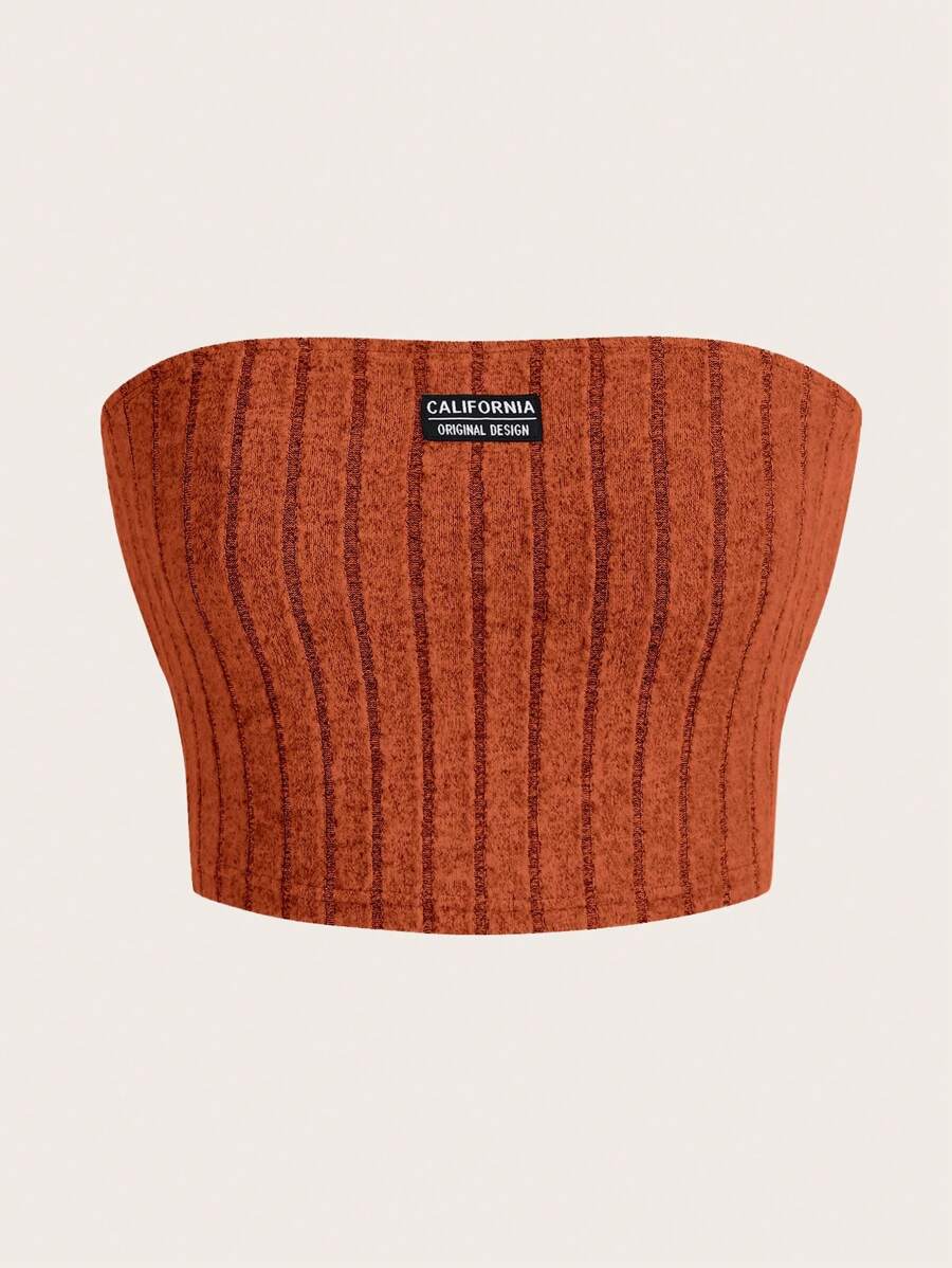 SHEIN Coolane Letter Patched Detail Tube Top - Rust Brown - View 1