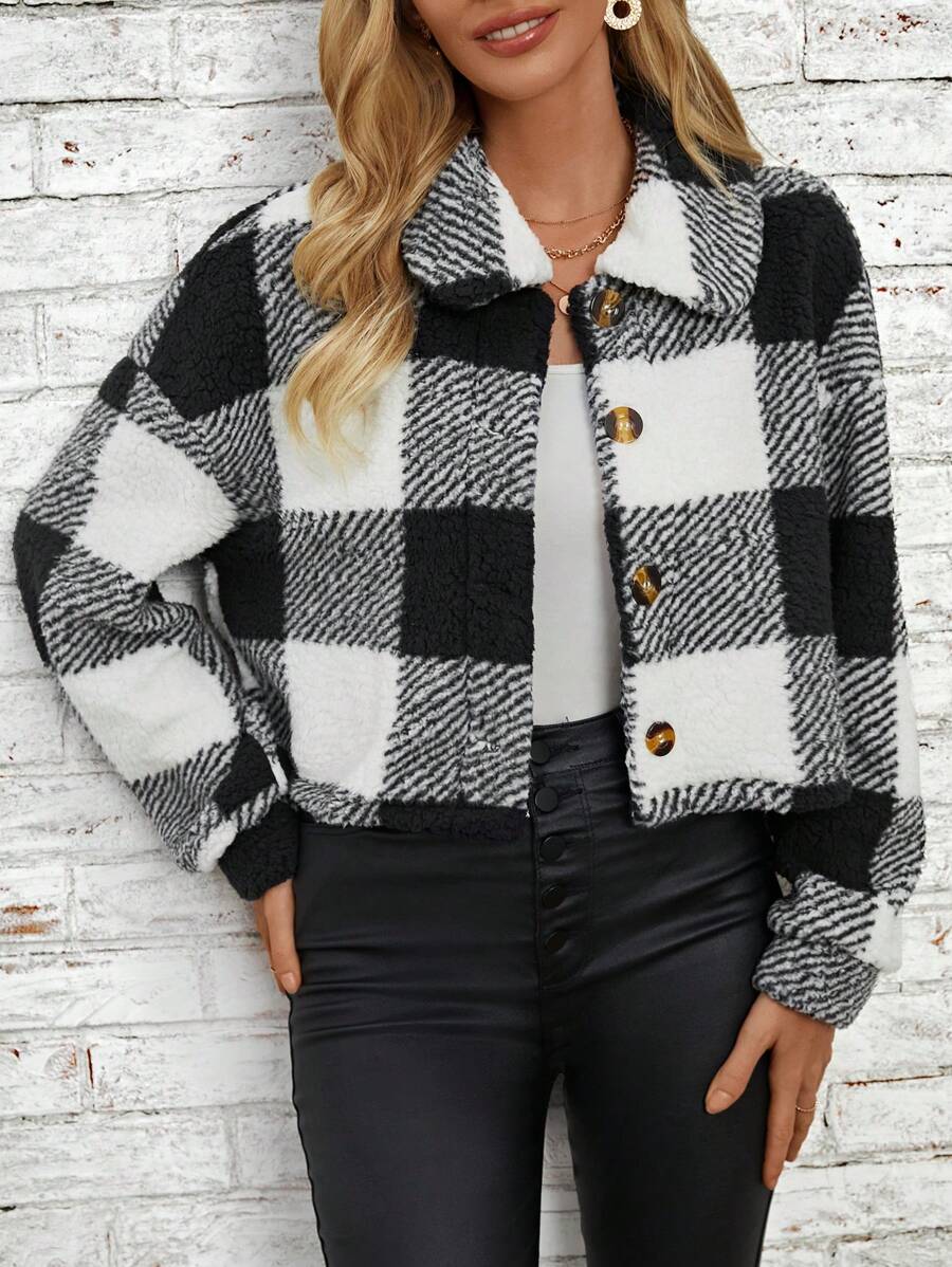 SHEIN LUNE Plaid Button Front Teddy Jacket - Black - View 1