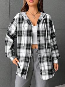 SHEIN EZwear Plaid Print Drop Shoulder Drawstring Hooded Coat - Black and White - View 1