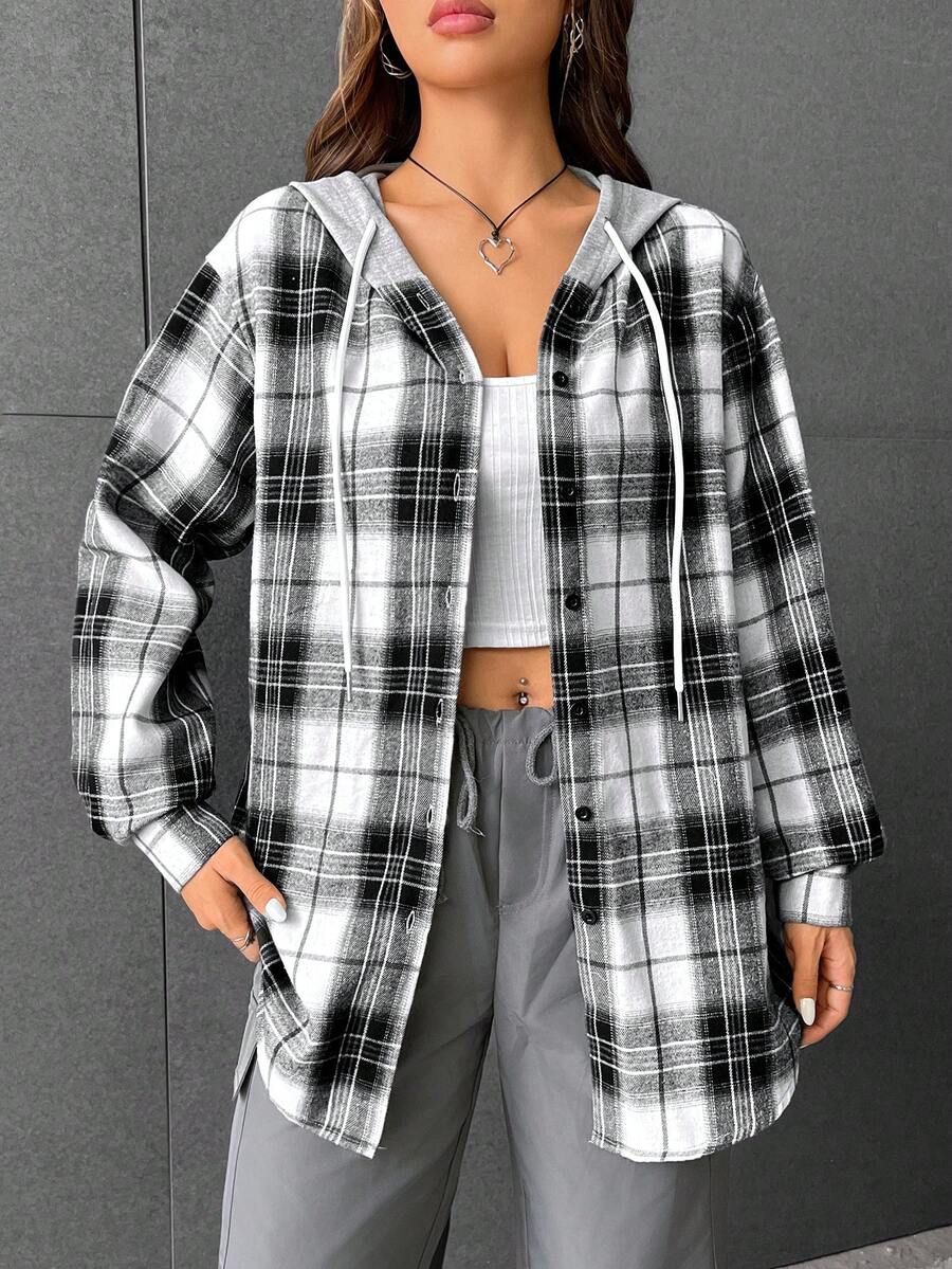 SHEIN EZwear Plaid Print Drop Shoulder Drawstring Hooded Coat - Black and White - View 1