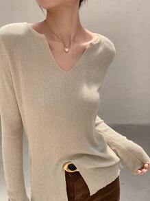 DAZY Pull à encolure échancrée et ourlet fendu, automne