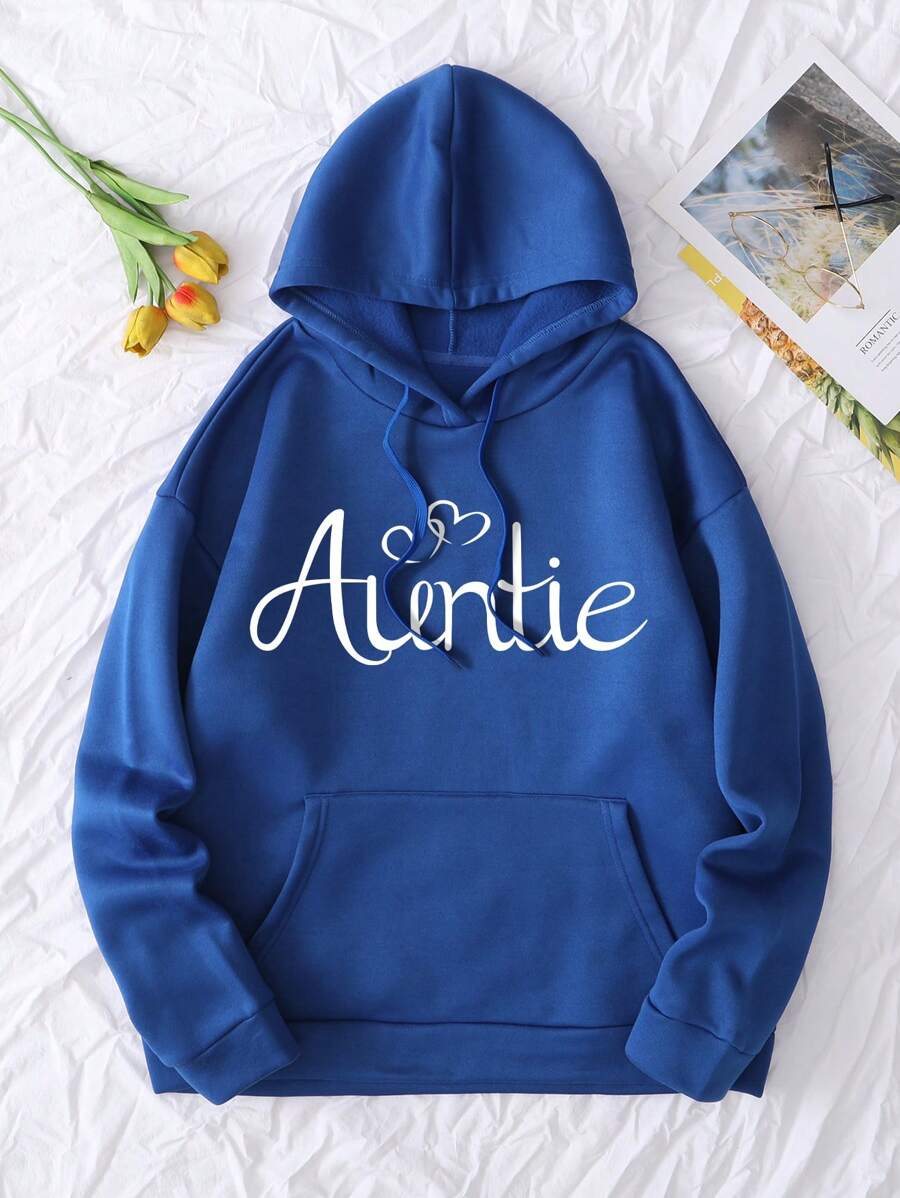 SHEIN EZwear Đồ họa Chữ cái Túi kangaroo Dây rút Áo hoodie ấm áp - Màu xanh lam - Xem 1