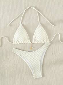 Swim Mod Summer Beach Solid Chain Detail Halter Triangle Bikini Set - Beige - View 5
