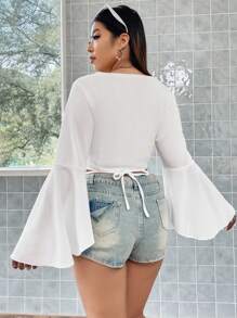 Flirla Plus Surplice Neck Flare Sleeve Crop Blouse - White - View 2