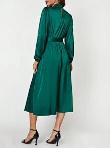 SHEIN Clasi Đầm thắt lưng cổ tay đèn lồng - màu xanh lá - Xem 2