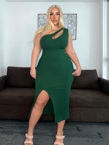 SHEIN SXY 加大码绿色镂空单肩高开叉连衣裙 - 綠色 - 查看 4