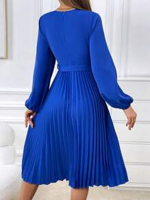 SHEIN Privé Lantern Sleeve Pleated Hem Belted Dress
