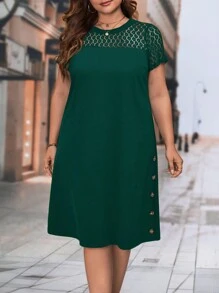 SHEIN Clasi Plus Contrast Lace Button Detail Dress - Dark Green - View 1