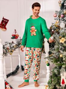 男士聖誕薑餅人印花休閒服套裝適用於聖誕 - 綠色 - 查看 7