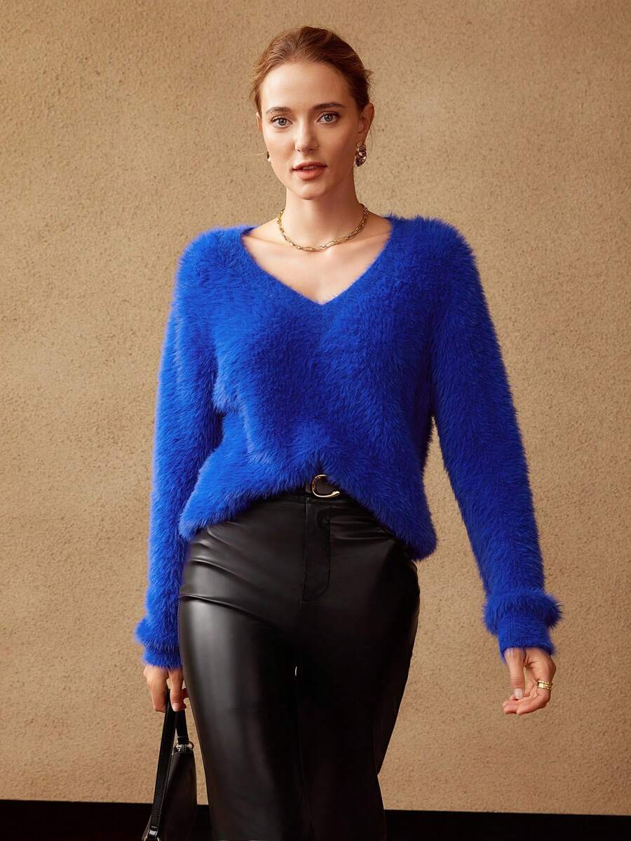 MOTF PREMIUM Suéter de punto de peluche escote V - Azul - Ver 1