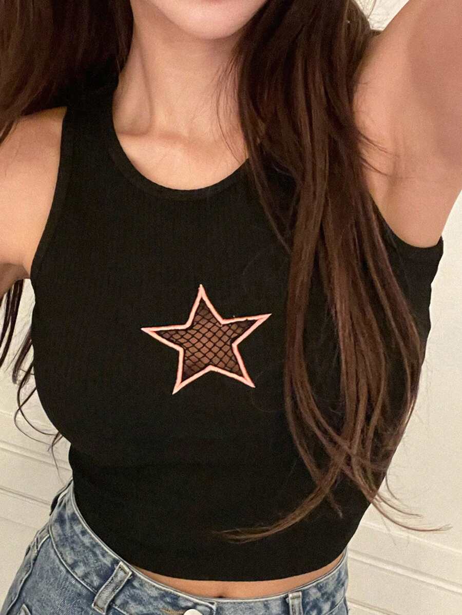 DAZY Star Pattern Crop Tank Top - Black - View 1