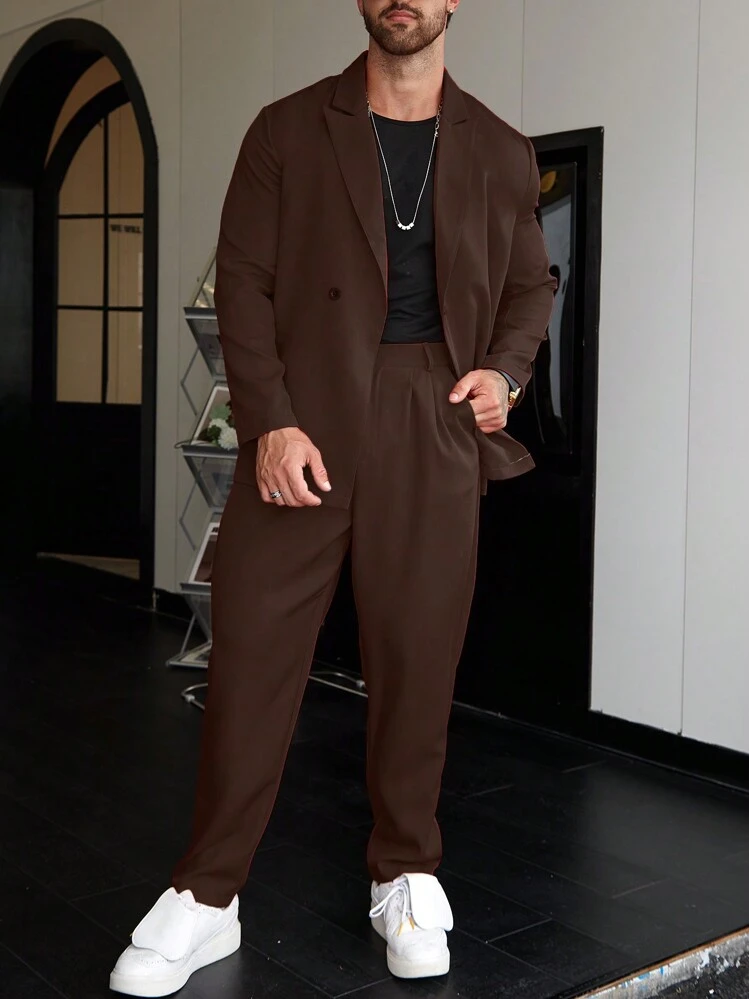 Manfinity Homme للرجال ياقة مطوي مسنن جاكيت & بنطلون بدلة - بني - مشاهدة 3
